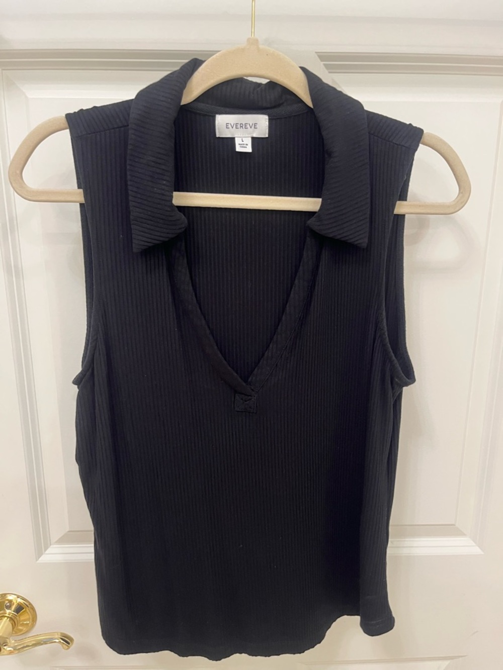 Evereve Black Ribbed Sleeveless V-Neck Polo Tank
